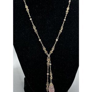 art deco gold tone Pink rose quartz Rhinestone 16” Y Drop Necklace